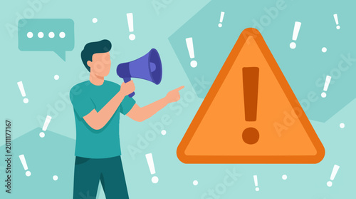 Cuadro en lienzo Man with megaphone announcing warning, important message, or alert illustration