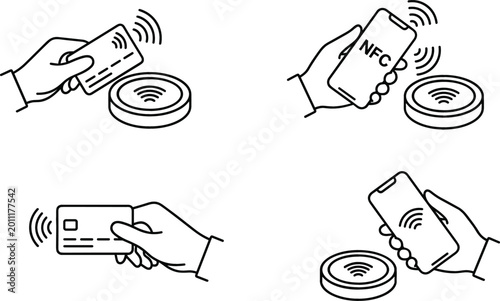 Bild auf Leinwand Contactless payment line art illustration set with smartphone and card tapping i