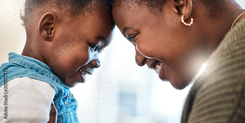 Canvastavla Happy, mom and bonding with child, home and black woman with affection for daughter and love