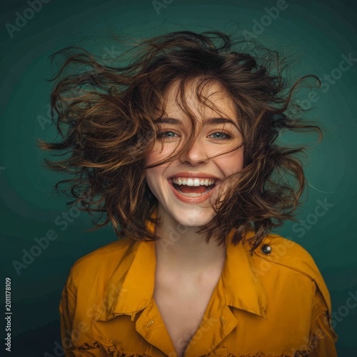 Woman with windblown hair laughing