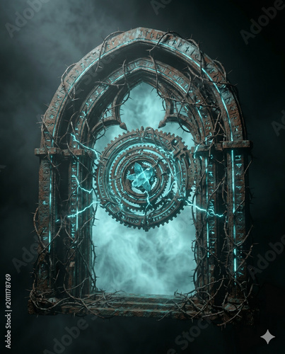 Tableau sur toile Cinematic sci-fi esoteric gateway with glowing nebula portal, ancient rusty goth