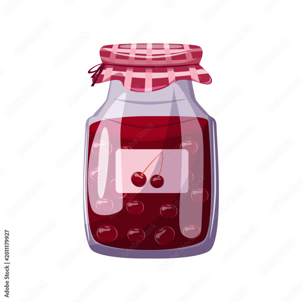Obraz premium Cherry jam jar isolated on white background. Cute homemade preserve illustration perfect for food packaging, kitchen design and recipe projects.