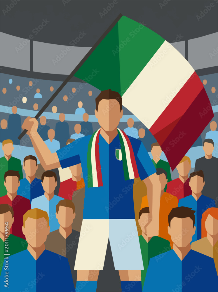 Fototapeta premium Italian football fan waving flag in stadium, celebrating with crowd