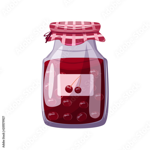 Cherry jam jar isolated on white background. Cute homemade preserve illustration perfect for food packaging, kitchen design and recipe projects.