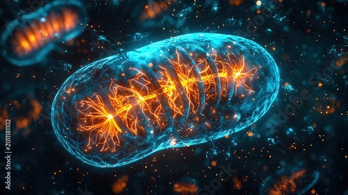 Scientific illustration of mitochondria dysfunction in progeria affected cell, detailed organelle cross-section, damaged cristae structures, energy depletion visualization