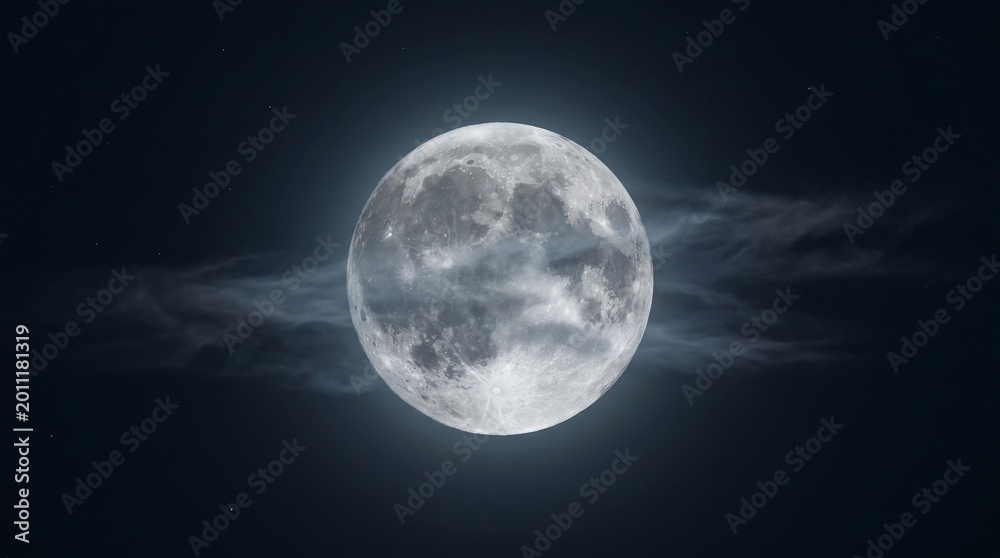 Obraz premium Mystical Full Moon Illumination on a Dark Halloween Night, Casting an Ethereal Glow Through Sparse Clouds and Creating a Spooky Autumn Ambiance