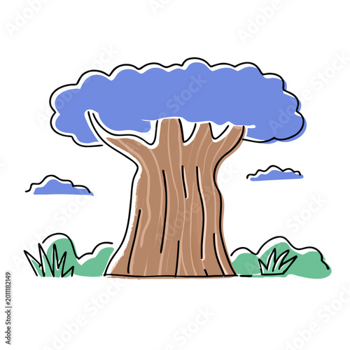 Tree graphic with blue clouds and green grass in a cartoon style