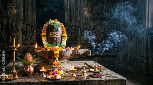 Sacred Shiva Lingam Puja Wallpaper with Divine Glowing Light, Incense Smoke, and Spiritual Devotional Atmosphere for Meditation and Prayer