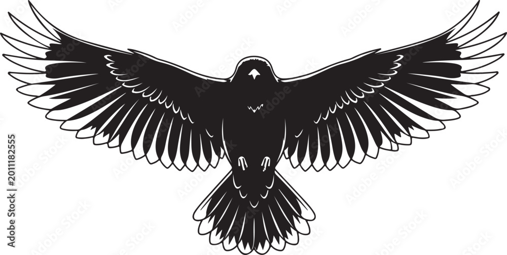 Obraz premium Majestic black silhouette of a soaring eagle or raven with outstretched wings and detailed feathers, symbolizing freedom, power, and wild nature in a clean vector graphic.