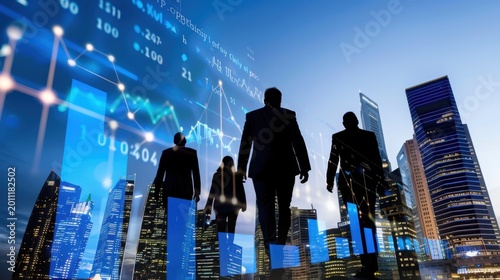 Business team walking towards success with modern skyline and financial growth concept in the background during twilight hours