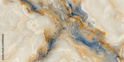 Schilderij op canvas Elegance in Stone: A close-up view of an abstract design, which exudes a serene aesthetic, where swirling veins of azure blue and earth tones dance across a creamy canvas