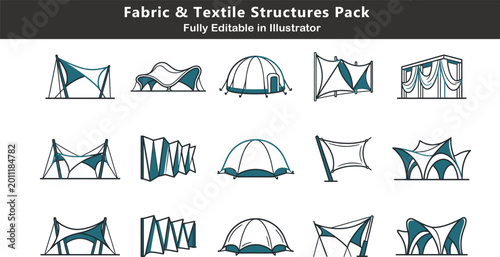 Fotografie Fabric architecture vector icons set, tensile structures, membrane roofs, inflat