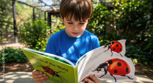 A young boy engrossed in reading a book about ladybugs