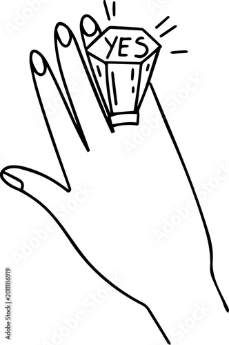 Hand with Ring Outline Illustration, Romantic Yes Concept