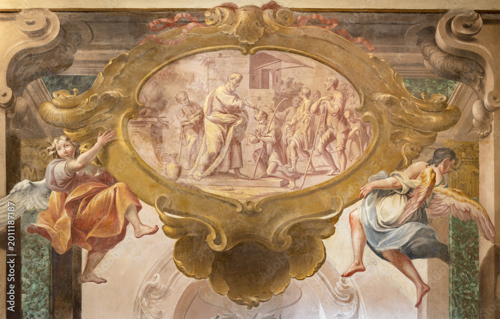 Fototapeta premium CREMA, ITALY - MARCH 20, 2026: The fresco of Samuel Anointing of David the church Santuario di Santa Maria della Croce by brothers Giuseppe and Giovanni Antonio Torricell from year 1762