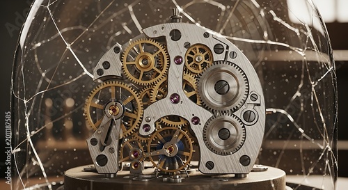 Close-up of a detailed clock mechanism, showcasing intricate gears and components under a shattered glass dome