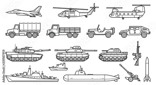 Obraz na płótnie Military vehicles and equipment line drawing on a white background
