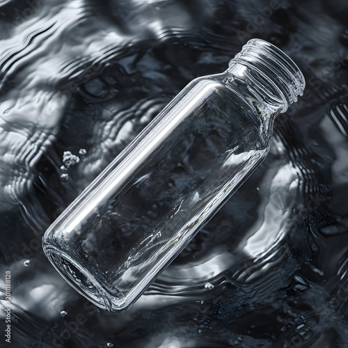 Clear Glass Bottle Mockup Floating on Rippling Dark Water Background for Branding