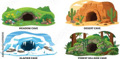Foto Landscape cave entrance set featuring grassy jungle stone desert and dark forest
