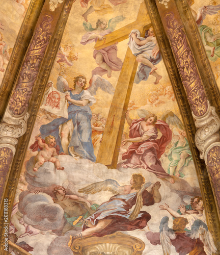 CREMA, ITALY - MARCH 20, 2026: The fresco of angels with the Crucifixion inst...