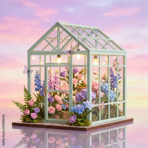 A miniature greenhouse with colorful flowers and flying butterflies sits on a platform surrounded by soft clouds