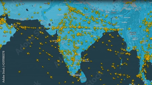 Air traffic map with commercial flights over India and South Asia, aviation tracking interface displaying crowded aerial transportation routes