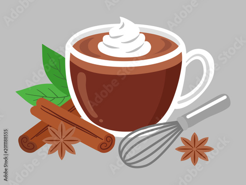 Hot chocolate cup with whipped cream, cinnamon sticks, star anise, and whisk illustration