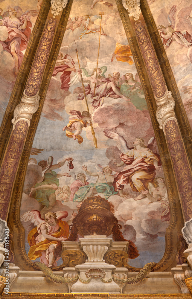 Fototapeta premium CREMA, ITALY - MARCH 20, 2026: The fresco of angels with the Crucifixion instruments (spear) in cupola of the church Santuario di Santa Maria della Croce by Giacomo Parravicino (1702). 