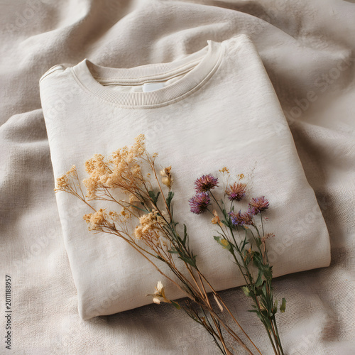 White Sweatshirt Mockup Blank Folded T-shirt with Dried Flowers on Aesthetic Fabric Background