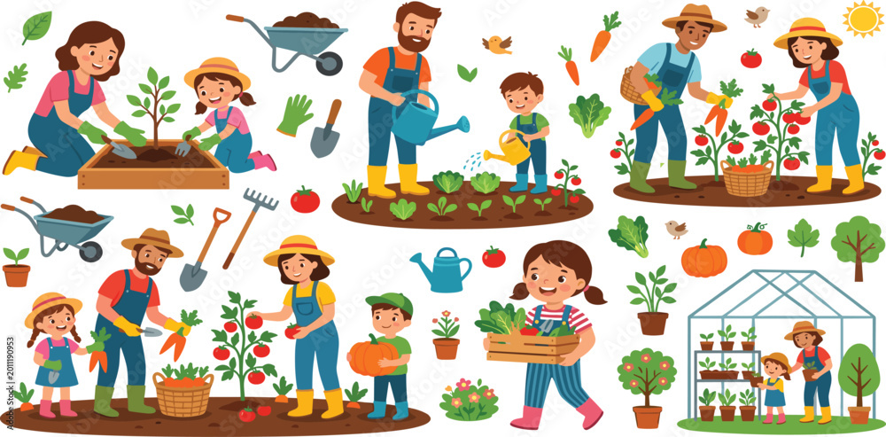 Fototapeta premium Happy family gardening set with parents and children planting harvesting vegetables in garden and greenhouse vector illustration