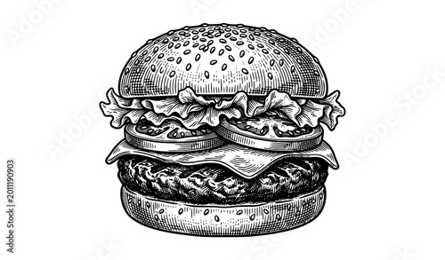 Obraz na płótnie Detailed hamburger engraving vector illustration with vintage hand drawn fast fo