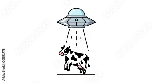 Canvas Print Alien UFO abducting cow with tractor beam, white background