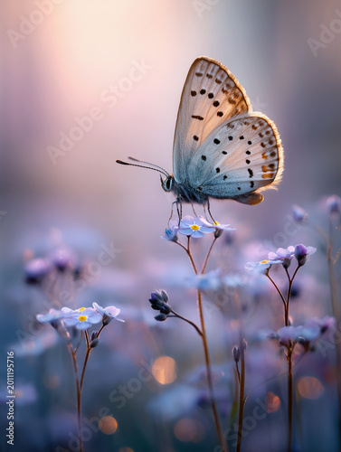 Beautiful butterfly sitting on forget-me-not flowers in a dreamlike sunset meadow with soft purple bokeh background. AI generated