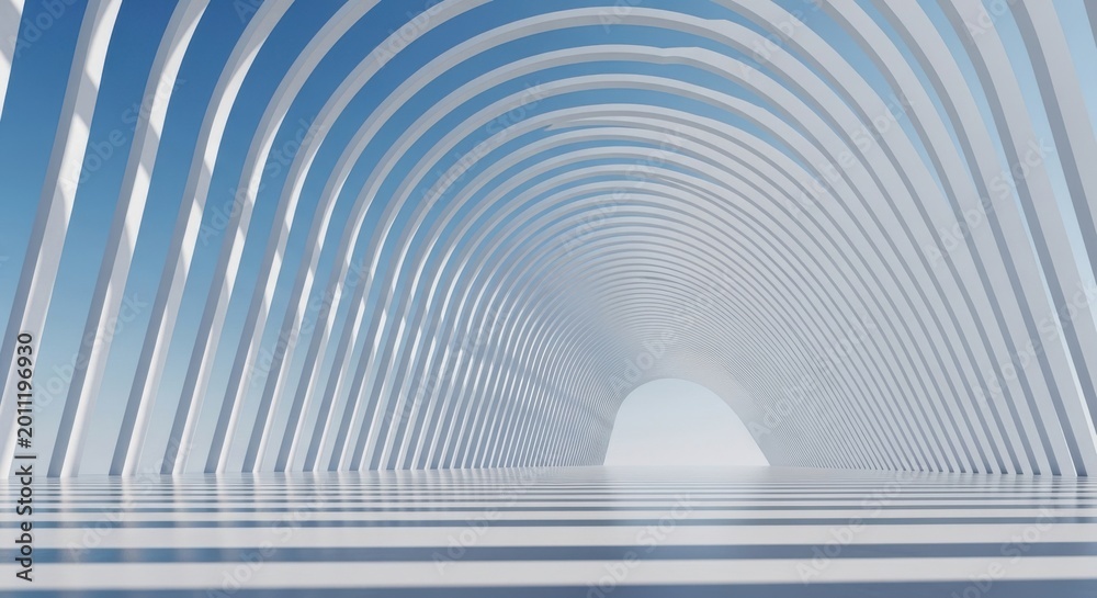 Naklejka premium Modern Architectural Tunnel with Archways and Light, Futuristic Interior Design