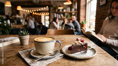 Cozy Cafe Scene: Latte Art Coffee, Chocolate Cake, Woman Reading Book, Blurred Background