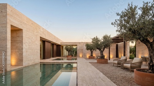 Modern Mediterranean luxury villa exterior with swimming pool, travertine stone walls and olive trees at sunset