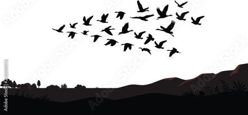 Canvas Print Flock of birds in flight silhouette over landscape