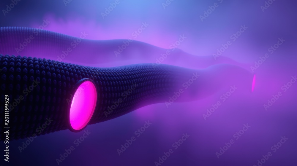 Fototapeta premium Abstract glowing tunnel. Purple hues dominate scene, creating futuristic vibe. Light emanates from interior. Smooth curves suggest movement.