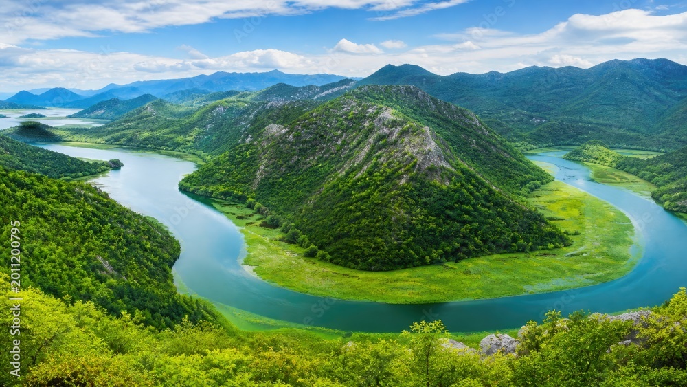 Fototapeta premium Beautiful Mountain River Landscape with Green Forest and Scenic Nature Panorama