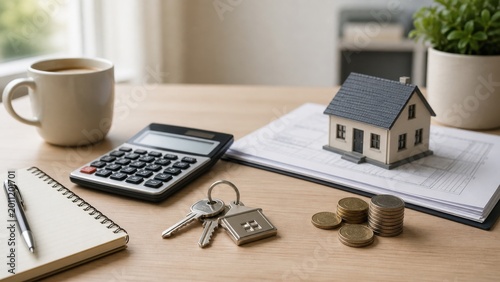 first home buyer loan stress concept. Desk with house model, calculator, keys and coins for home finance