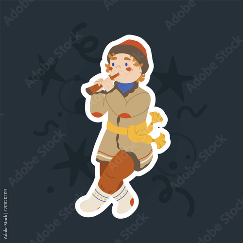 Character in traditional Russian costume and with a flute. A man in a fur coat and felt boots plays a musical instrument. Traditional Russian carnival. Seasonal folk holiday Maslenitsa.