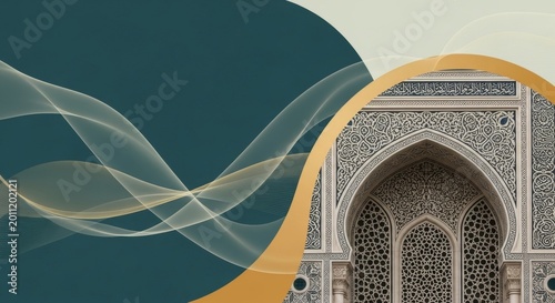 Intricate Islamic architecture detail with flowing gold waves and teal background