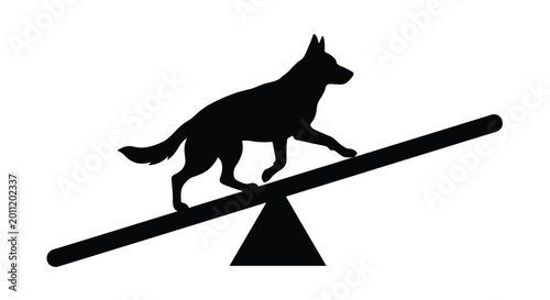 Foto Dog silhouette balancing on a seesaw black and white