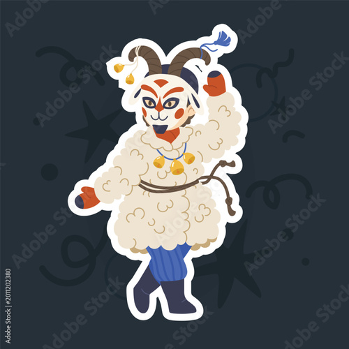 Character in a goat costume and mask celebrates farewell to winter and welcomes spring. Traditional Russian carnival. Seasonal folk holiday Maslenitsa. Shrovetide festivities.