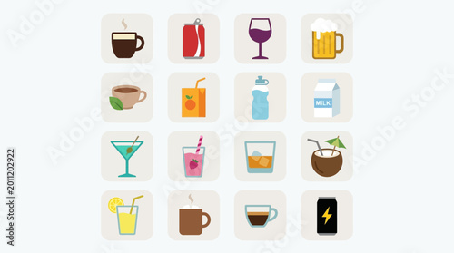Fényképezés Colorful icons of various drinks and beverages.