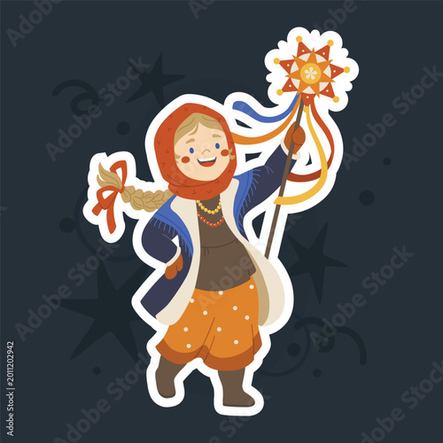 Happy character in traditional Russian carnival costume. Celebration of the seasonal folk holiday Maslenitsa. Shrovetide festivities. Traditional Russian carnival.