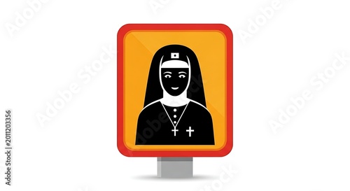 Colorful Nun Icon Displayed on Square Road Sign Against White Background