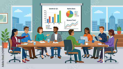 Photos Diverse team collaborating in office meeting.