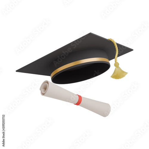 Isolated 3D render of a graduation cap with a tassel and a diploma scroll illustration, symbolizing academic success, educational achievement, and a university degree ceremony for a graduate student