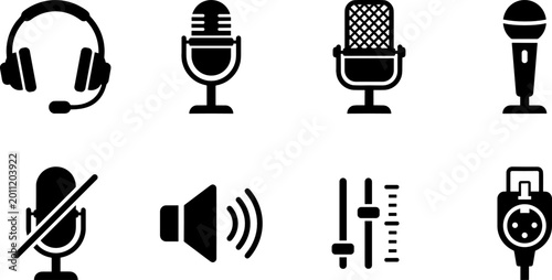 Foto Professional Audio and Communication Icon Set Featuring Microphones Headset Volu